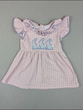 Stitchy Fish Pink White Gingham Bunny Easter A-Line Dress Baby Girls 9 months